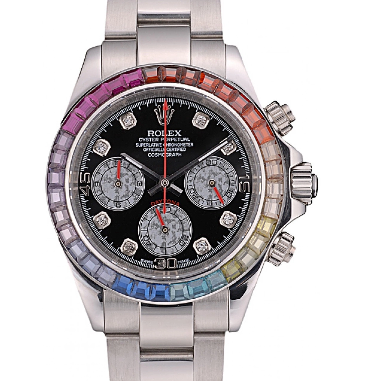 MiroTime 0709 Rolex Daytona Cosmograph Rainbow Crystals Bezel Stainless Steep Strap Black Dial 80250